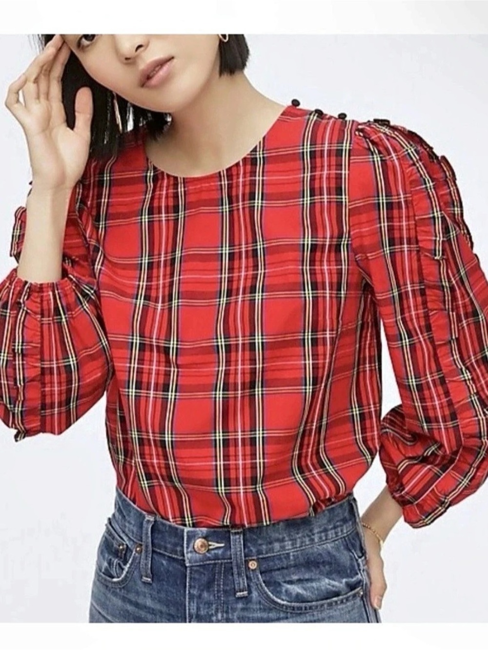 J.Crew Ruffle-sleeve top in red Stewart tartan Red & Black Tartan Blouse Size Sm